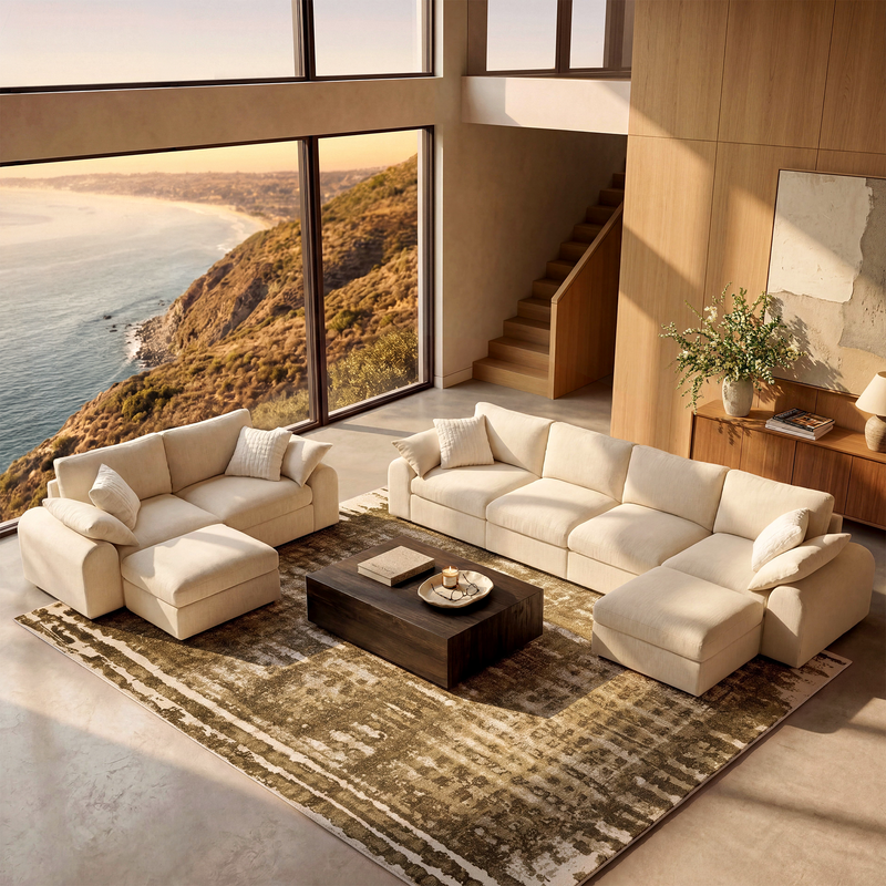 Beige modular sofa and loveseat set with ottomans in a coastal living room.