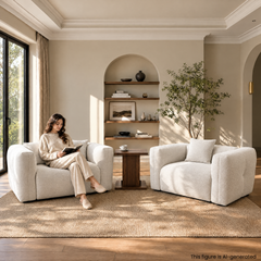 Woman reading in a bright living room with two cream armchairs.