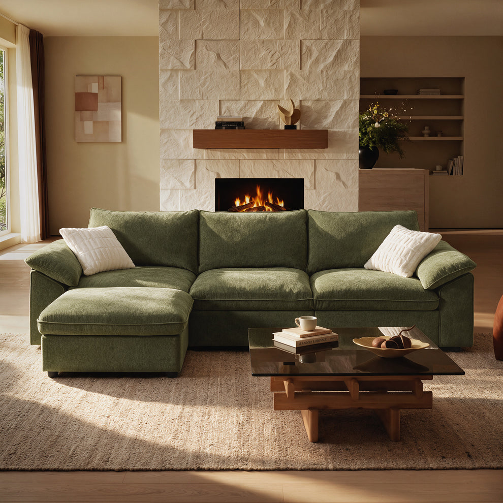 Sofá modular en forma de L Dreamboat de chenilla con otomana de almacenamiento, beige