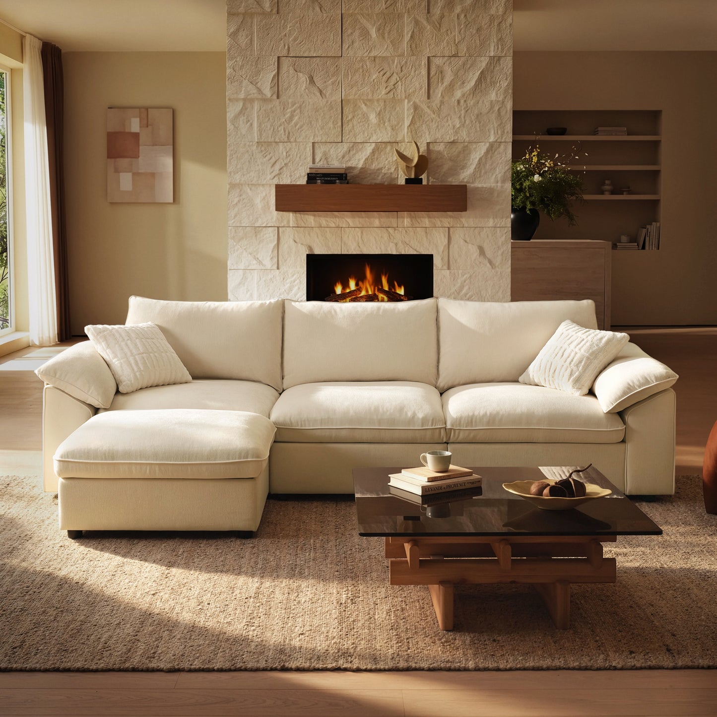 Dreamboat Modular Chenille L-Shape Sofa with Storage Ottoman,Beige