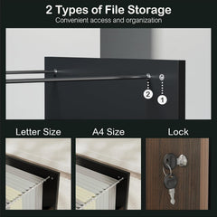 Black file cabinet shown with drawer, file, and lock details