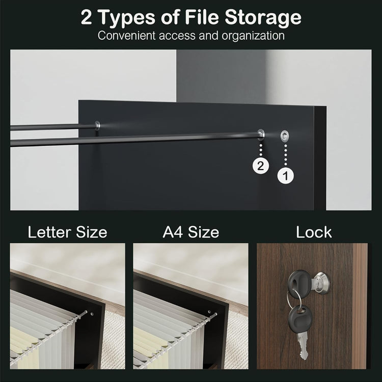 Black file cabinet shown with drawer, file, and lock details