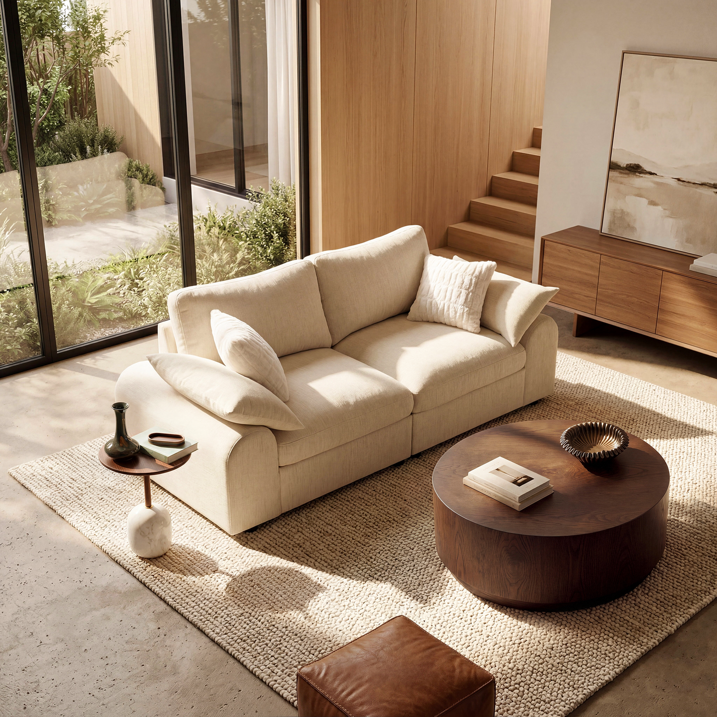 Rialto Modular Chenille Loveseat Sofa with Curved Armrests,Beige