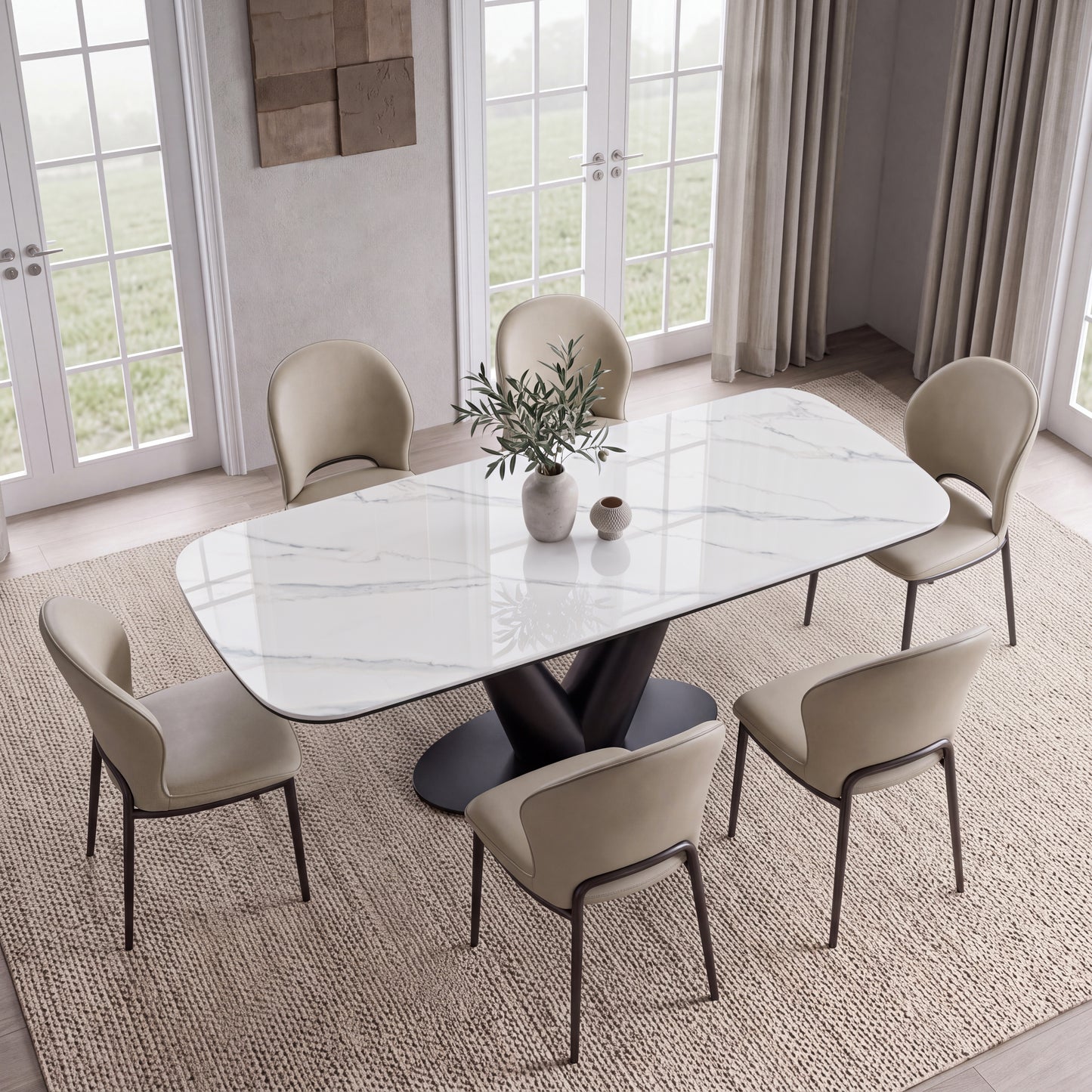 78" Glossy Sintered Stone Dining Table – Snow Mountain Pattern with V-Shaped Metal Base (6-8 Seater)