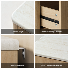 Four detail panels show a rounded top edge, drawer slide, wall anchor, and stone-look surface