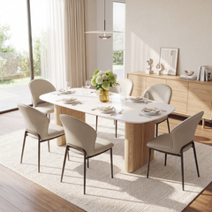 Six chairs surround the dining table, A sideboard stands along the rear wall