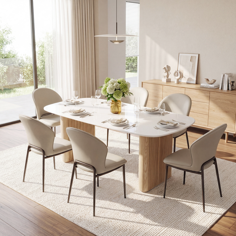 Six chairs surround the dining table, A sideboard stands along the rear wall
