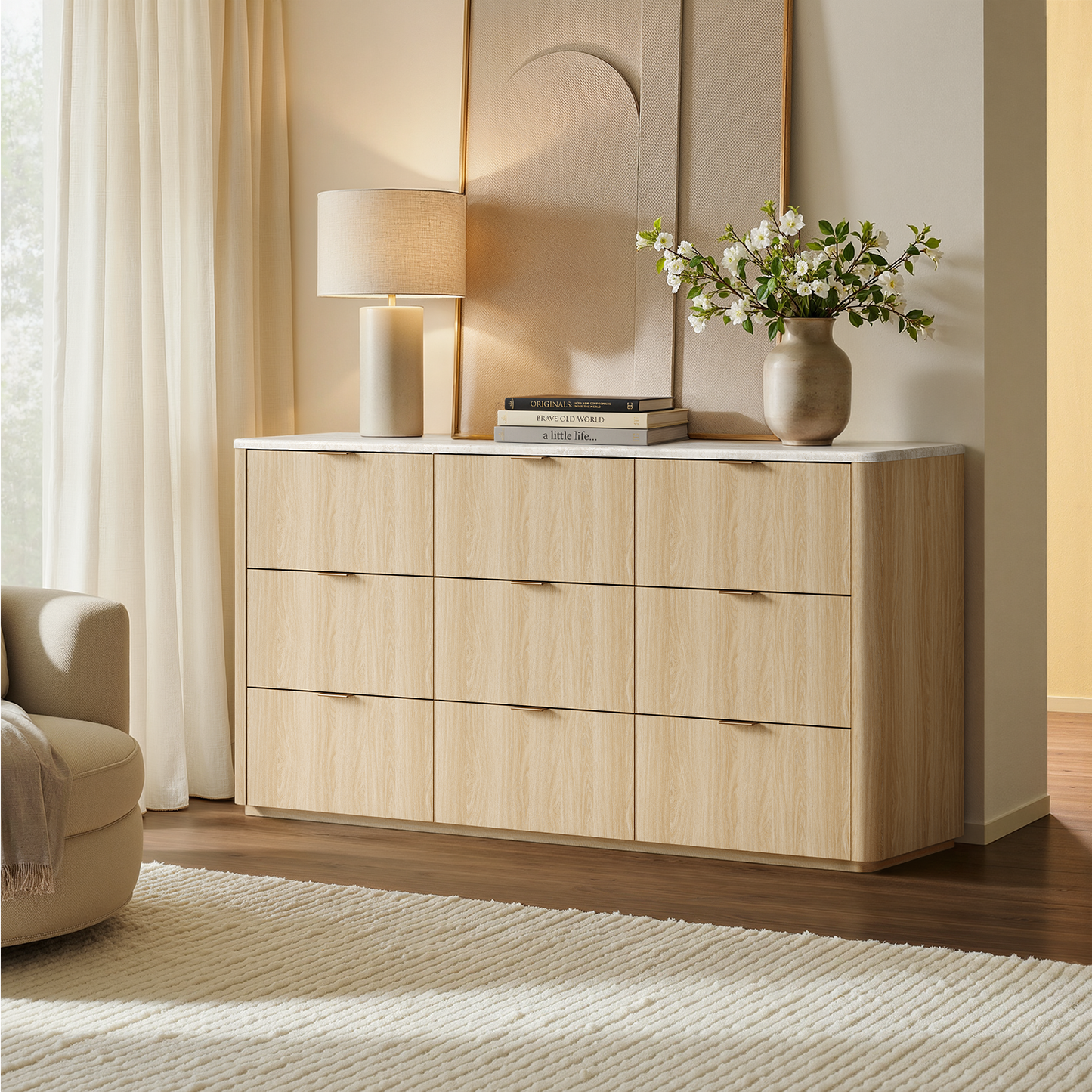 Travertine Fluted 9-Drawer Dresser, Natural