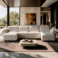 Cream sectional sofa with extended seats at both ends faces a low rounded coffee table on a brown rug, with abstract wall art and tall windows overlooking trees.