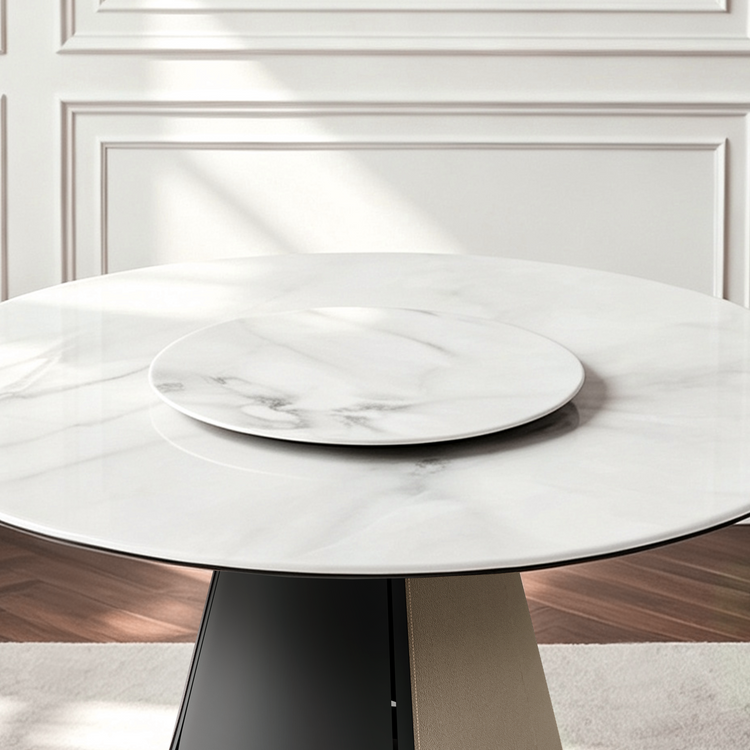 53" Round Marble-Pattern Glass Table with Lazy Susan & Petal Base