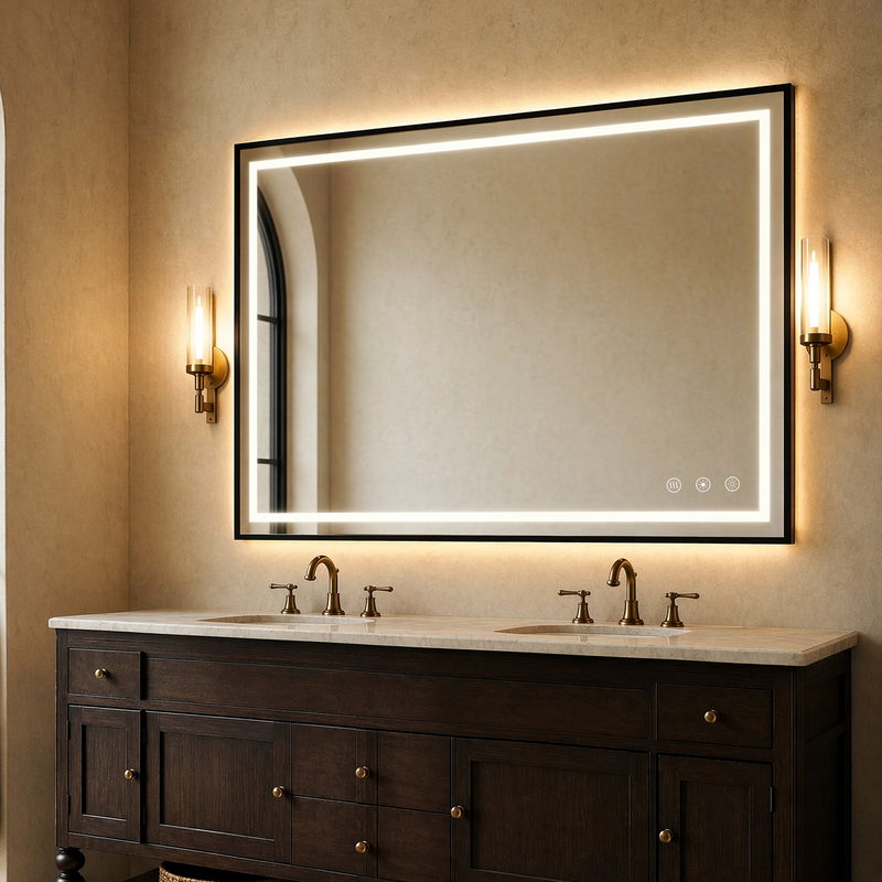 Illuminated black-framed rectangular mirror above a double-sink bathroom vanity.