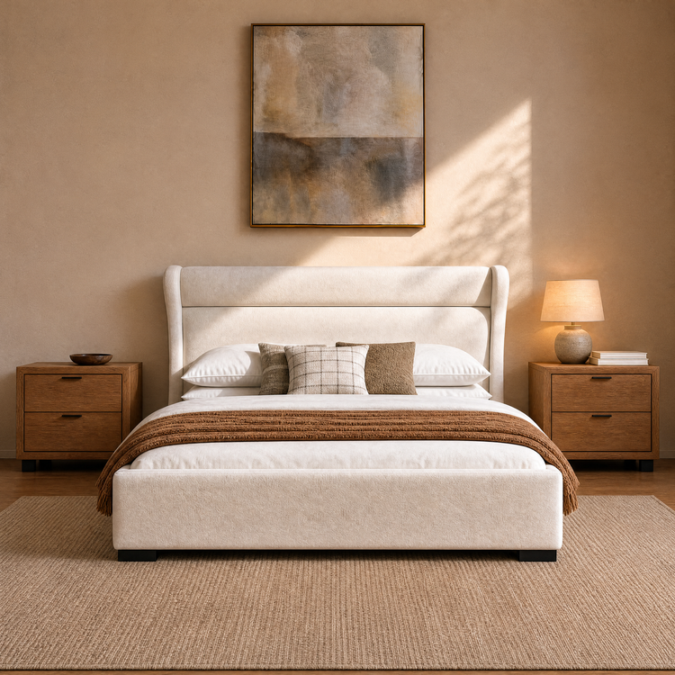 King Chenille Upholstered Bed with Wingback Headboard, Wood Slat Support