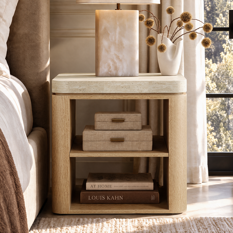 21.6 Inch Natural Travertine Bedside Table, Minimalist Oak Side Table with 2-Tier Open Storage