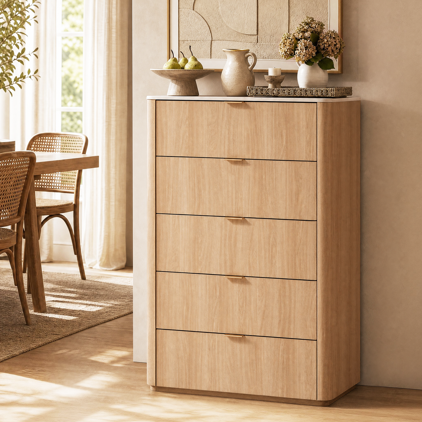 48" Tall 5 Deep Drawer Dresser for Bedroom, Modern Chest of Drawers with Faux Travertine Top