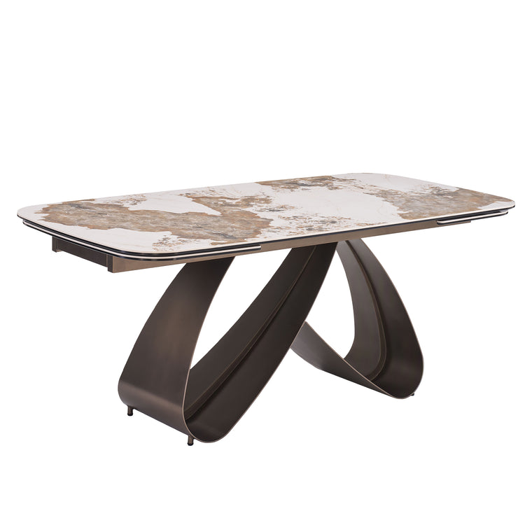70.9"-102.4" Extendable Dining Table, Pandora Glossy Sintered Stone Modern Kitchen Table with Ribbon Loop Base