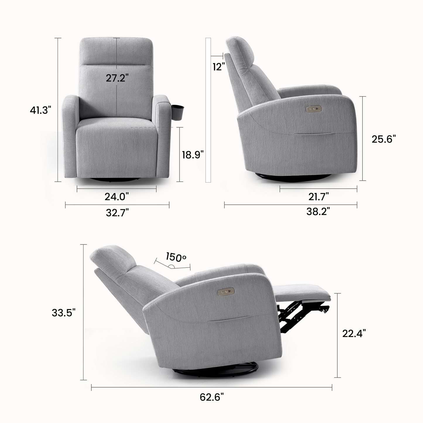 Nursery Power Swivel Glider Recliner with Adjustable Headrest & USB-C、Grey