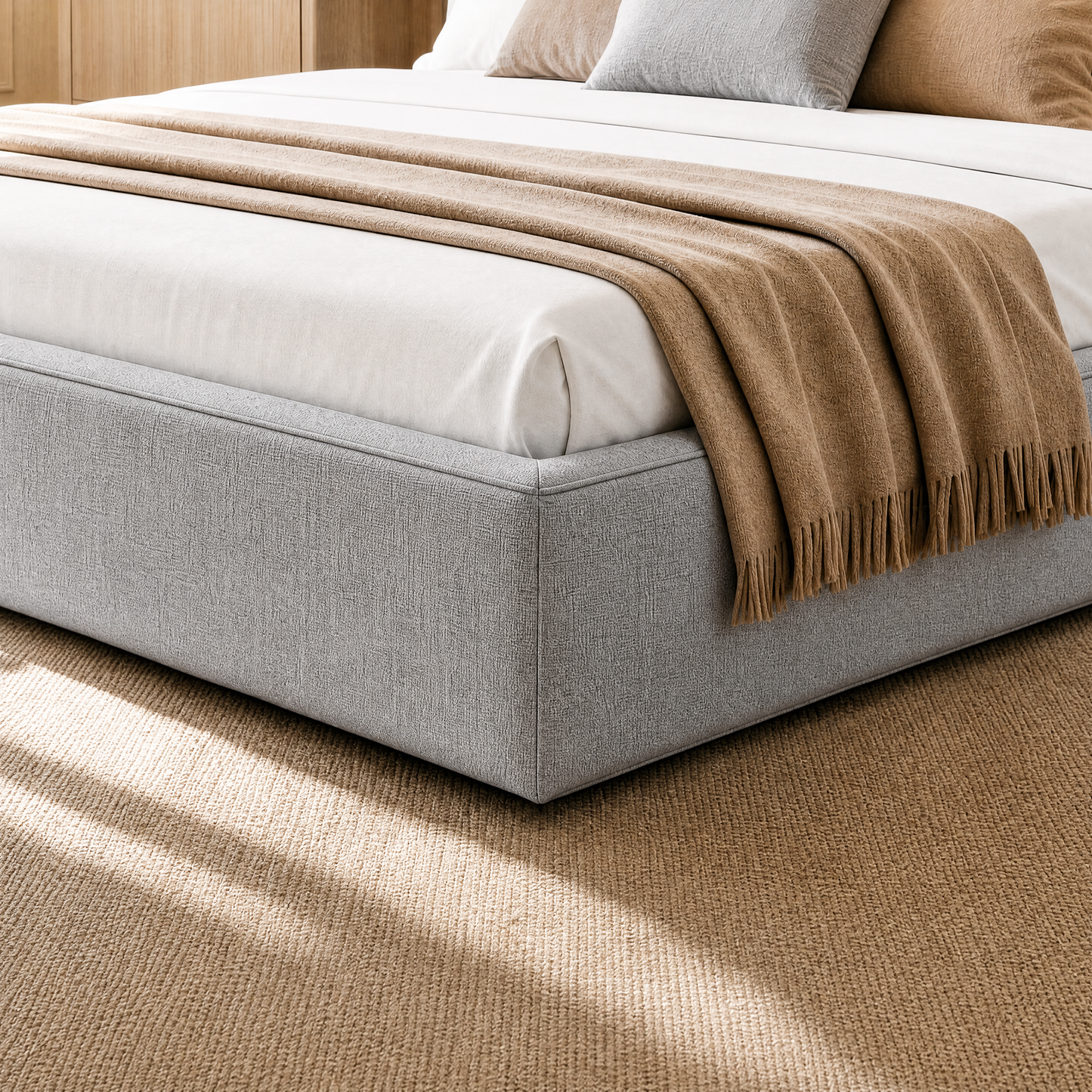 Light Grey Queen Lift-Up Storage Bed Frame with Upholstered Headboard