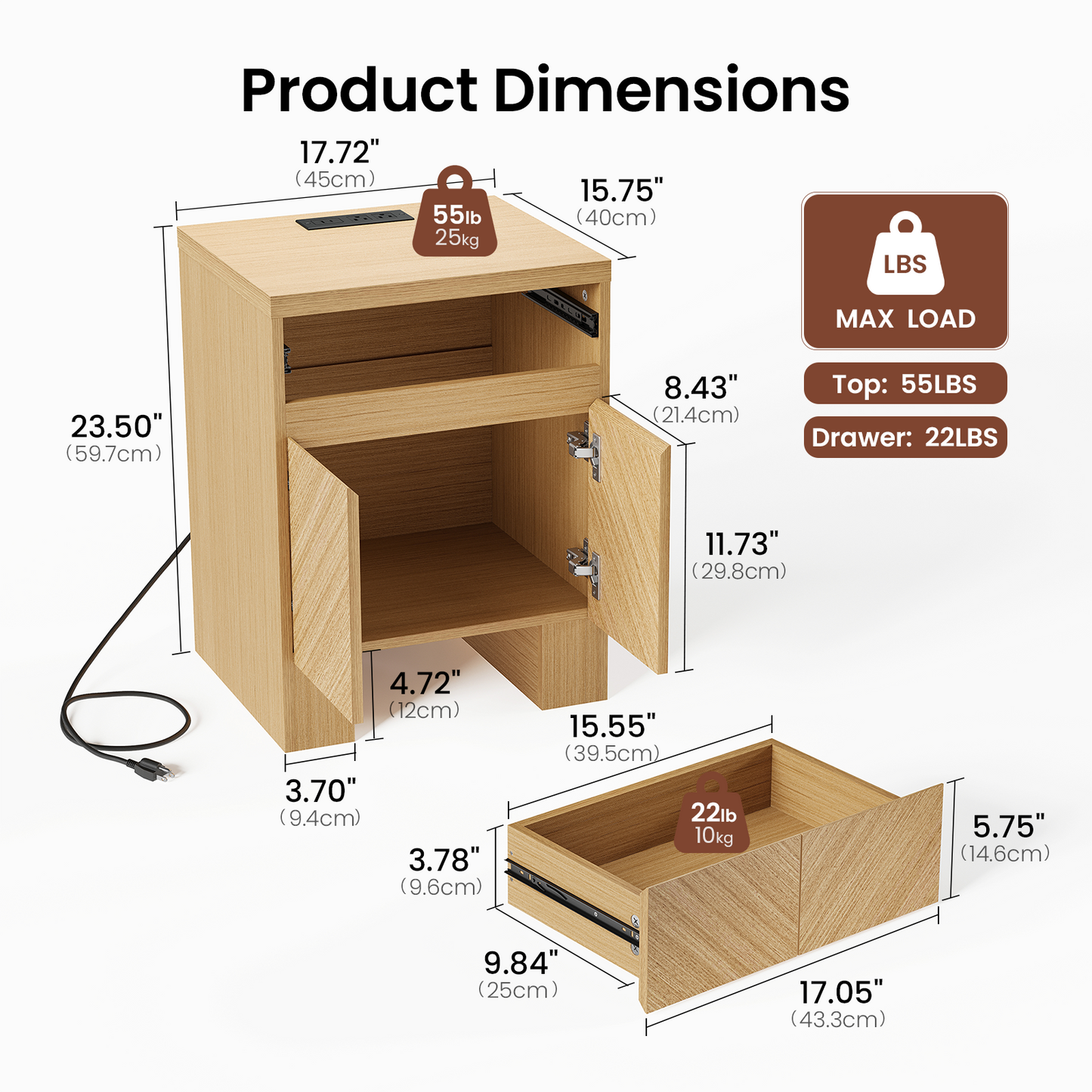 Galileo 23.5" Wood Night Stand with Charging Station Natural Oak