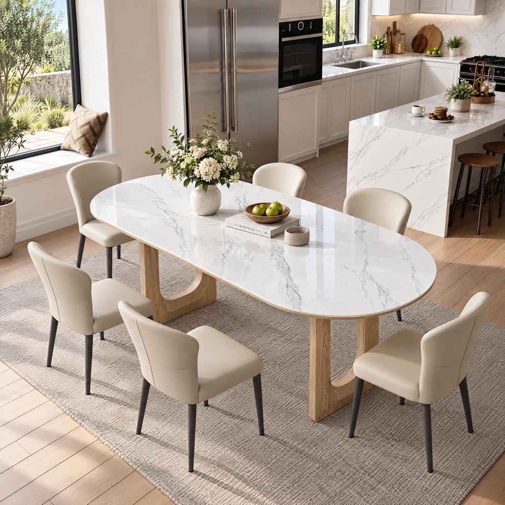 70.79" Oval Glossy Snow‑Mountain Sintered Stone Dining Table