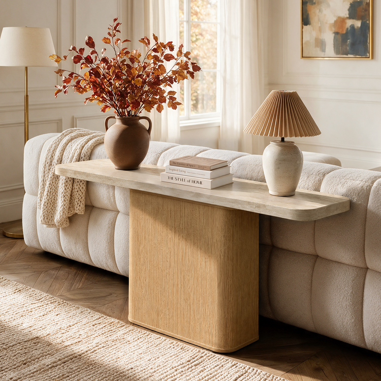 71 Inch Natural Travertine Console Table, Modern Luxury Stone Entryway Table