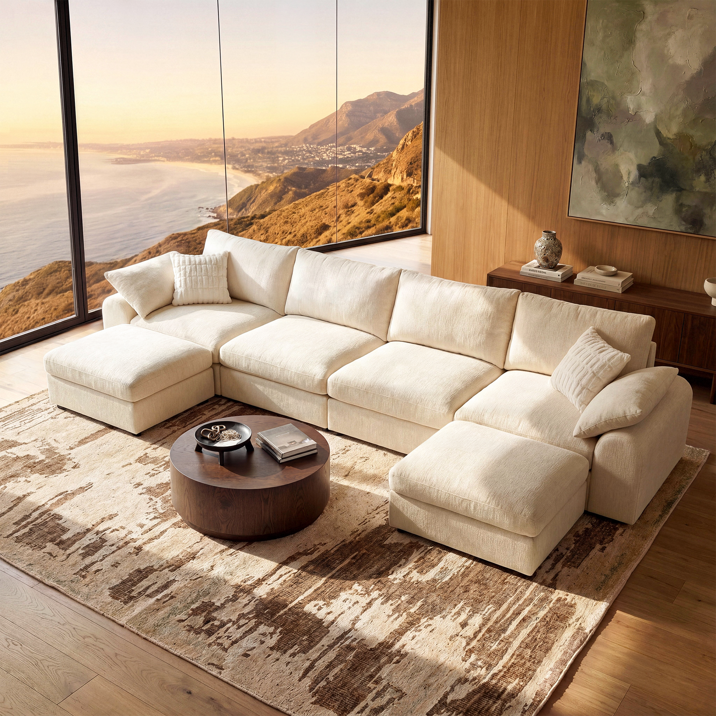 Rialto Modular Chenille U-Shape Sofa with Storage Ottoman,Beige