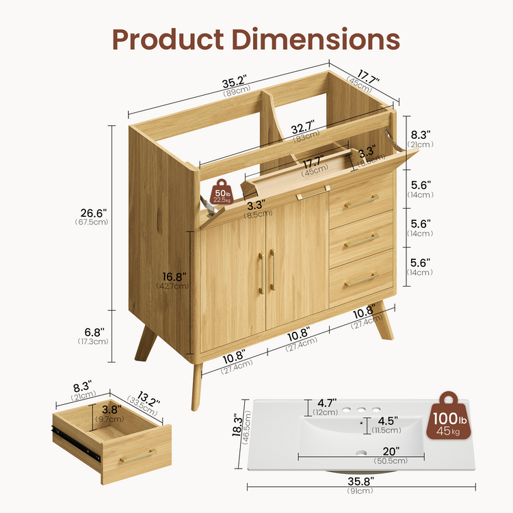 Dimension diagram of wood-tone vanity cabinet with doors, drawers, and open top, Separate drawer and sink views appear below
