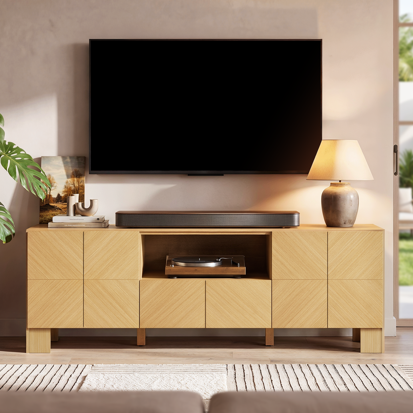 Galileo 70" Modern TV Stand with Outlet and Storage Cabinet,Natural Oak