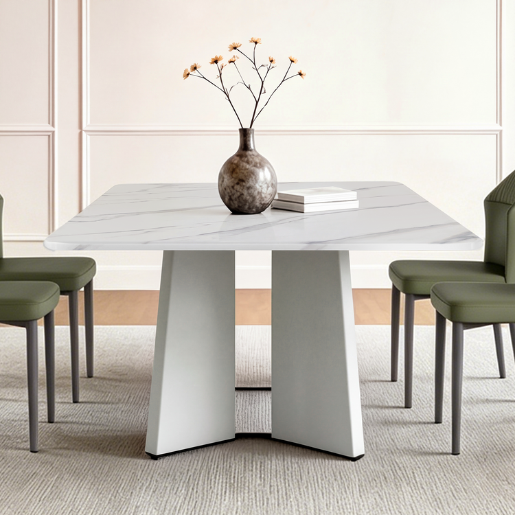 70" Glossy Sintered Stone Table, Geometric Steel Base for 6-8