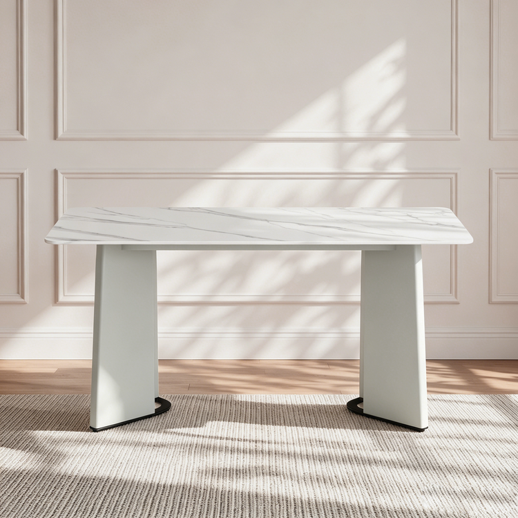 70" Glossy Sintered Stone Table, Geometric Steel Base for 6-8