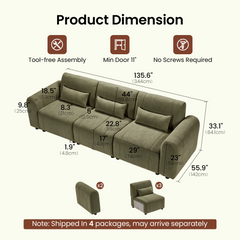 Dimension diagram of an olive-green three-seat sofa with three rectangular cushions, measurement lines, and separate views showing two armrests and three seat sections.