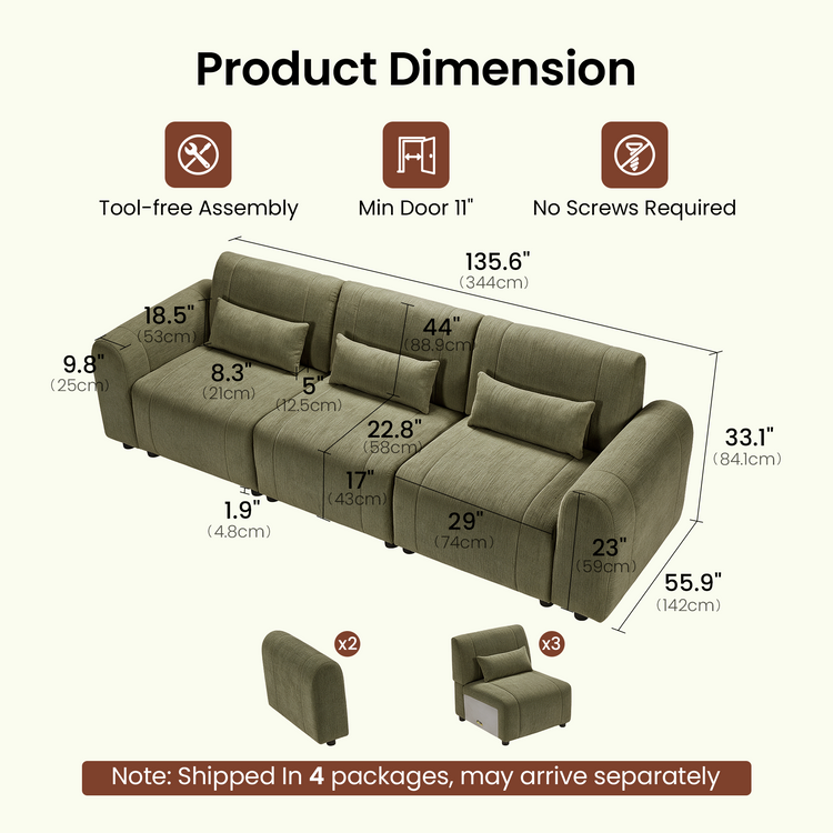 Dimension diagram of an olive-green three-seat sofa with three rectangular cushions, measurement lines, and separate views showing two armrests and three seat sections.