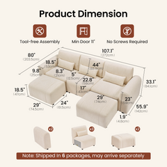 Dimension diagram of a cream modular sofa with three back cushions, three small pillows and two ottomans, with measurement lines and separate views of the arm, seat and ottoman components.