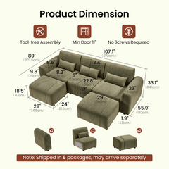 Dimension diagram of an olive-green modular sofa with three back cushions, three small pillows and two ottomans, with measurement lines and separate views of the arm, seat and ottoman modules.