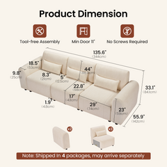 Dimension diagram of a cream three-seat sofa with three rectangular cushions, measurement lines, and separate views showing two arm sections and three seat modules.