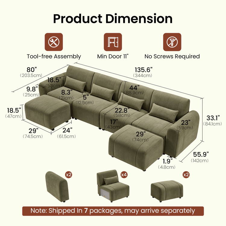 Dimension diagram of an olive-green modular sofa with four seats, matching back cushions and two ottomans, with measurement lines and separate views of the arm, seat and ottoman components.