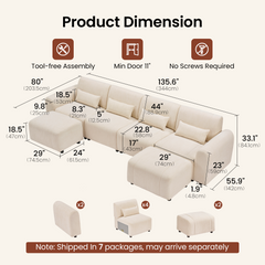 Dimension diagram of a modular cream sectional sofa and ottoman, with labeled measurements and component counts.