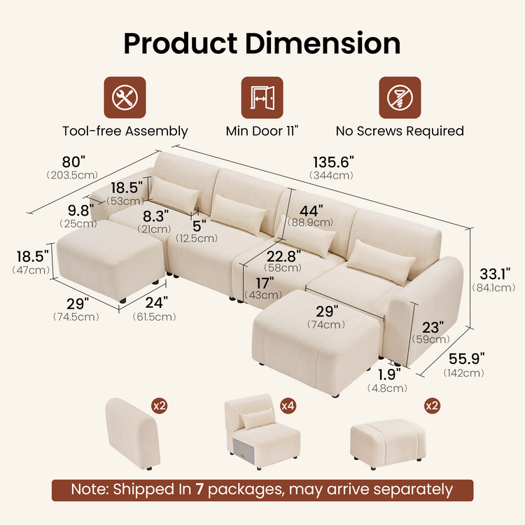 Dimension diagram of a modular cream sectional sofa and ottoman, with labeled measurements and component counts.