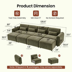 Dimension diagram of an olive-green modular sofa with four back cushions, four pillows and four ottomans, with measurement lines and separate views of the arm, seat and ottoman modules.