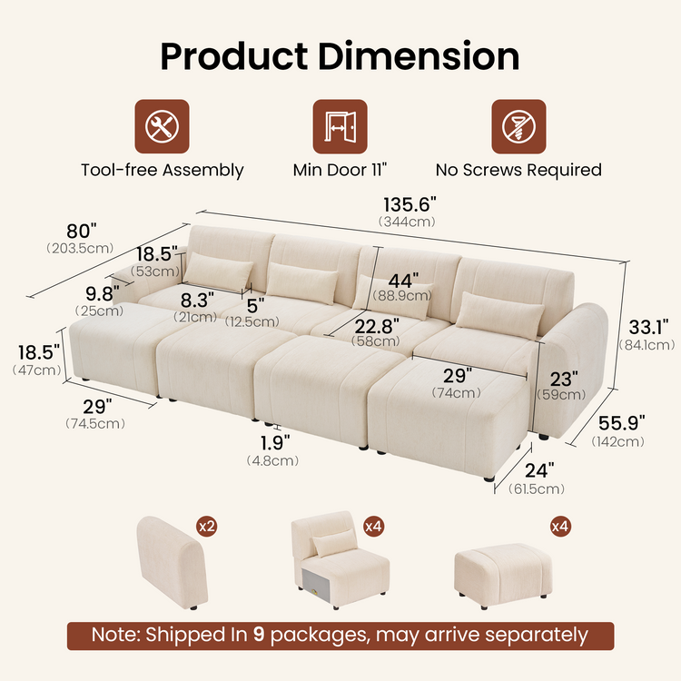 Dimension diagram of a cream modular sofa with four back cushions, four small pillows and four ottomans, with measurement lines and separate views of the arm, seat and ottoman components.