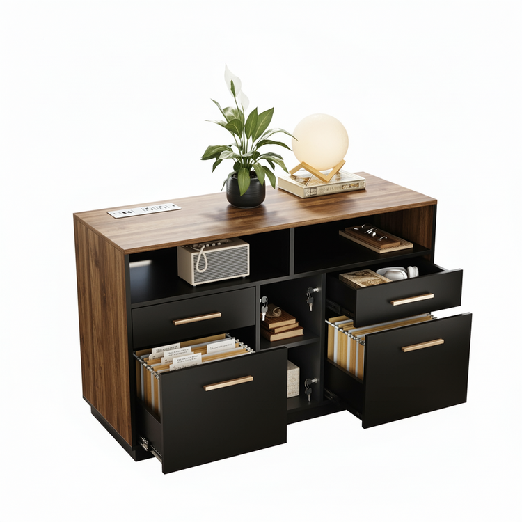 Soren 4-Drawer Wood Walnut Storage Cabinet File Office Cabinet Modern Bookcase