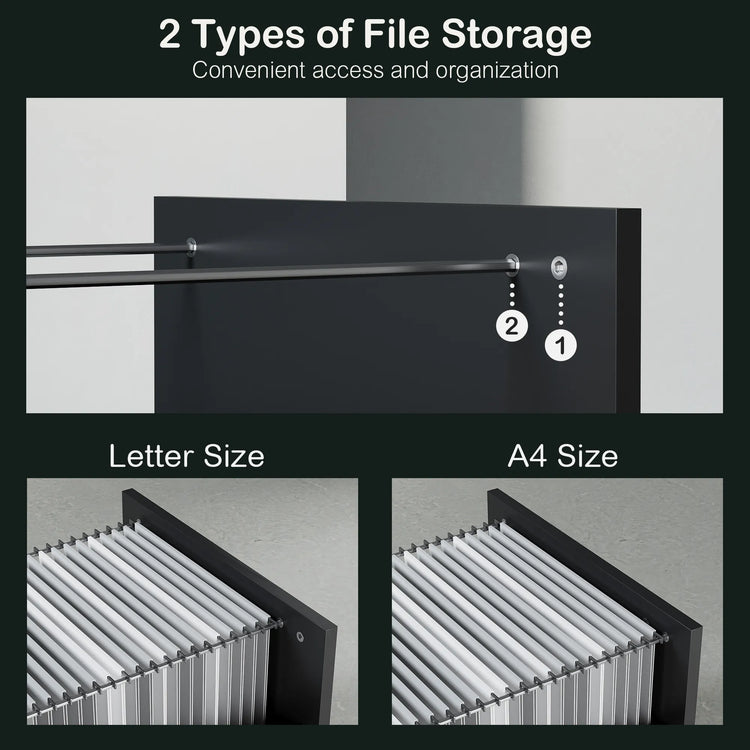 A file-storage graphic shows two hanging-rail positions and separate close-ups with letter-size and A4 files