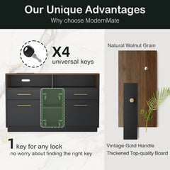 A comparison graphic shows a black and walnut cabinet, four keys, wood grain, a gold handle, and highlighted lockable sections