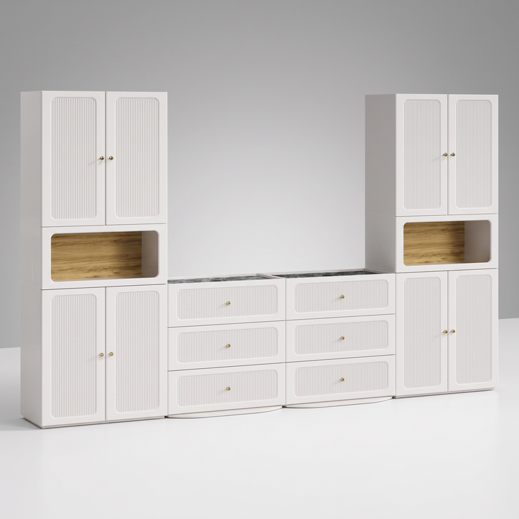 Storage Cabinet System, 126" Modular with Fluted Doors, Drawers & Display Niches, FlexMod Collection