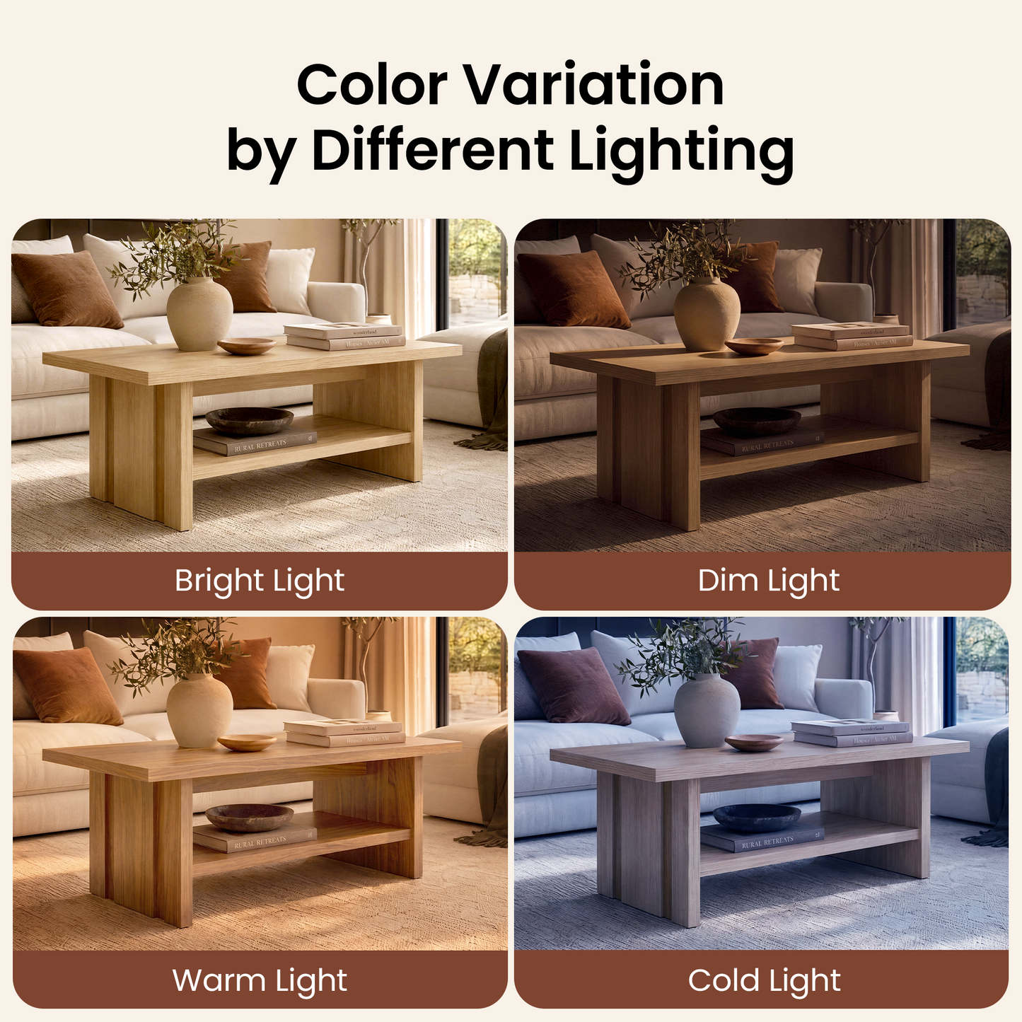 43" Coffee Table with Storage, Modern Center Table with Open Shelf in Natural