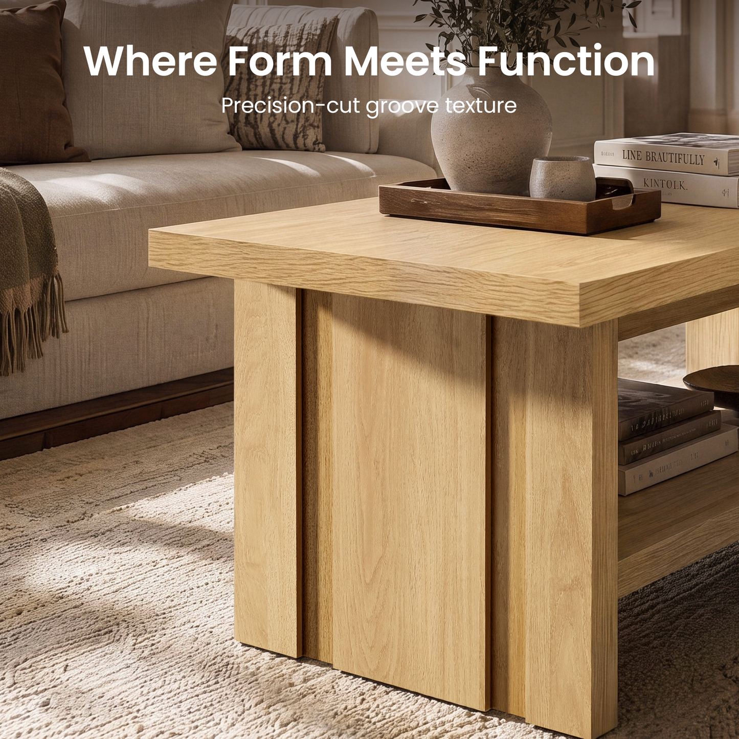 43" Coffee Table with Storage, Modern Center Table with Open Shelf in Natural