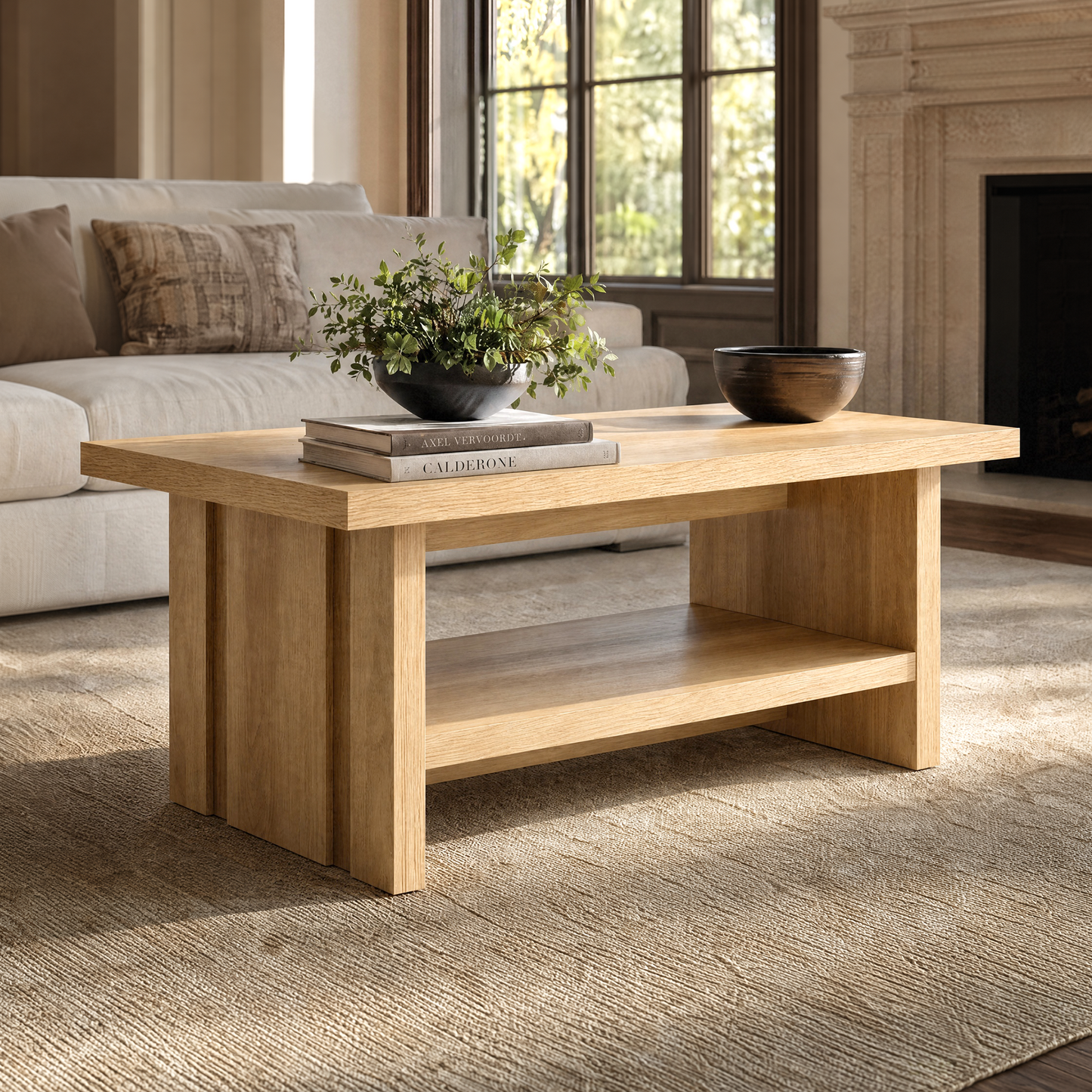 43" Coffee Table with Storage, Modern Center Table with Open Shelf in Natural