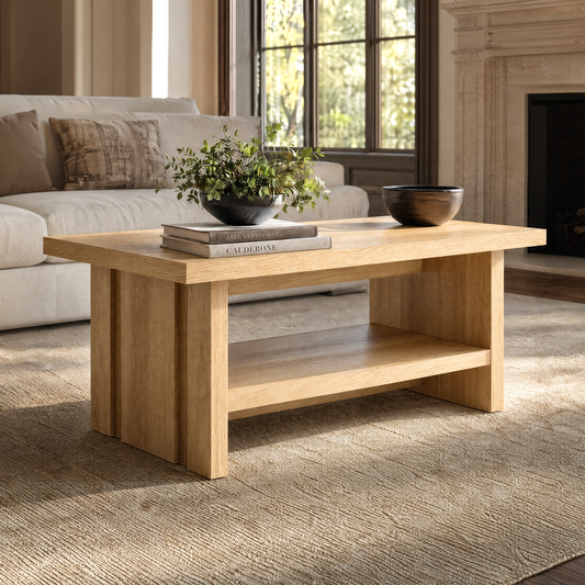 43" Coffee Table with Storage, Modern Center Table with Open Shelf in Natural