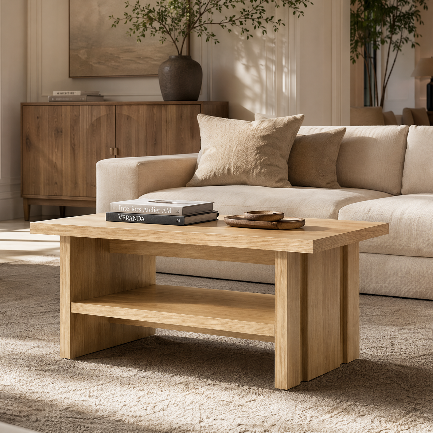 43" Coffee Table with Storage, Modern Center Table with Open Shelf in Natural