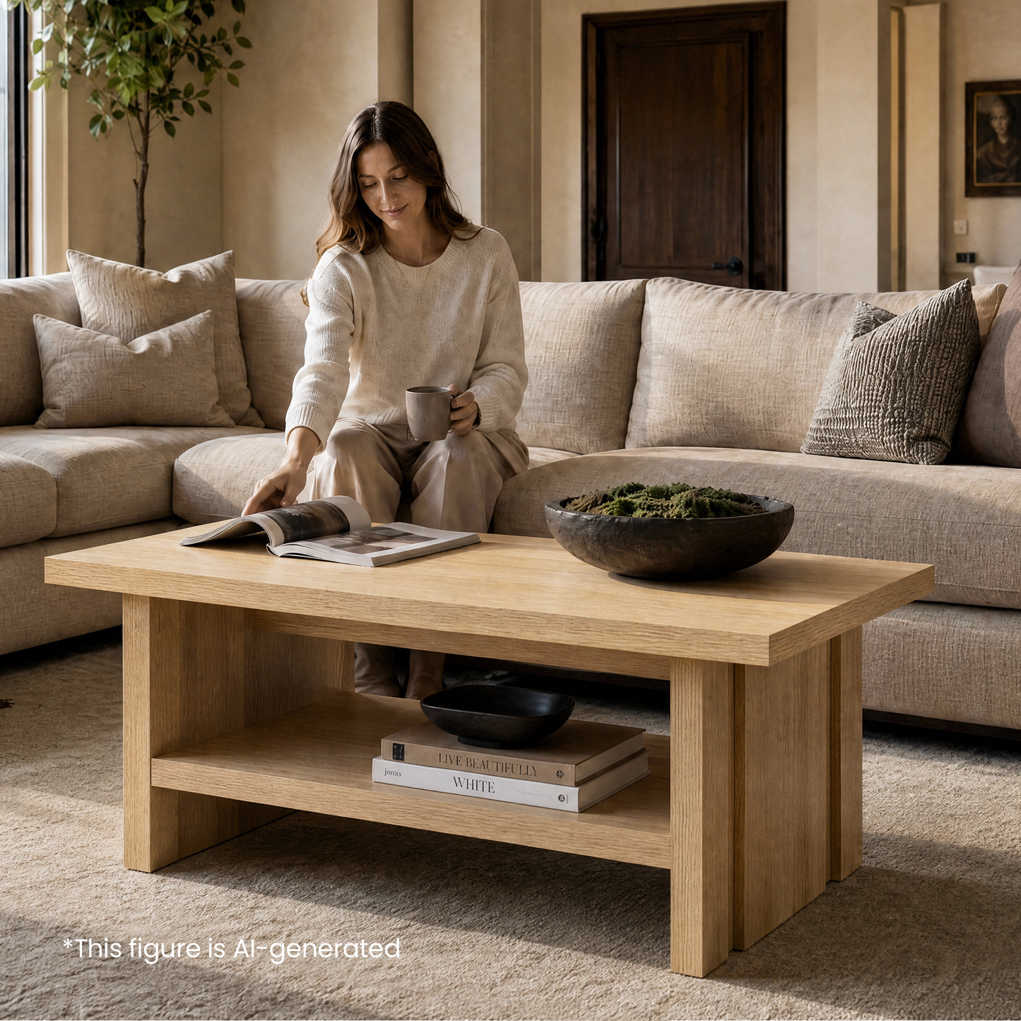 43" Coffee Table with Storage, Modern Center Table with Open Shelf in Natural