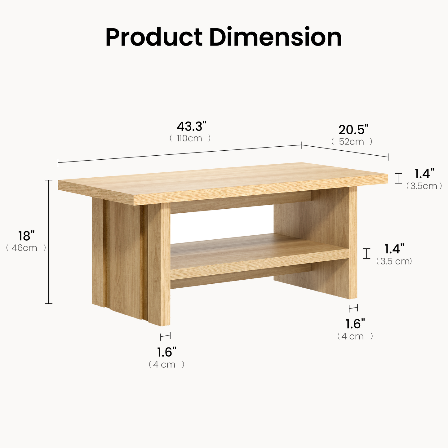 43" Coffee Table with Storage, Modern Center Table with Open Shelf in Natural